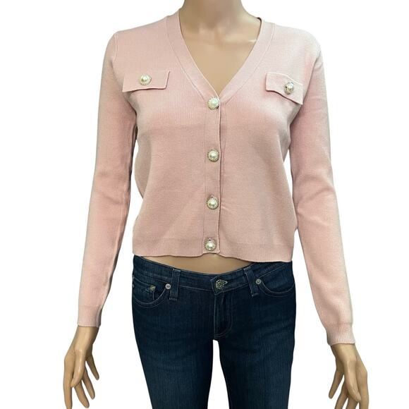 Tahari Sweaters - Tahari Pearl Button Cardigan Sweater XS Cropped Pink V Neck Knit Preppy Classic